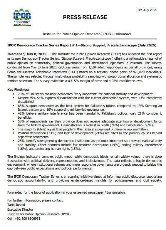 Press Release of IPOR Democracy Tracker Series – Report #1 Strong Support, Fragile Landscape