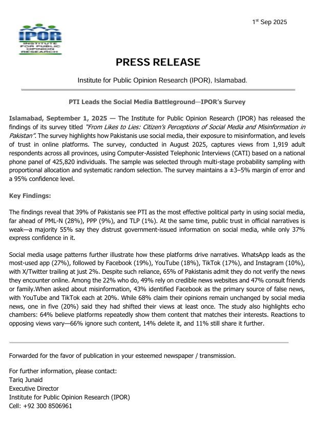 PRESS RELEASE IPOR Survey From Likes to Lies Citizen’s Perceptions of Social Media and Misinformation