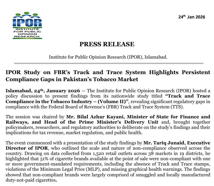 Press Release of Track and Trace Compliance in the Tobacco Industry