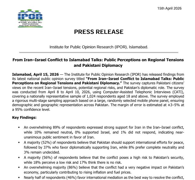 Press Release:From Iran–Israel Conflict to Islamabad Talks  Public Perceptions on Regional Tensions and Pakistani Diplomacy